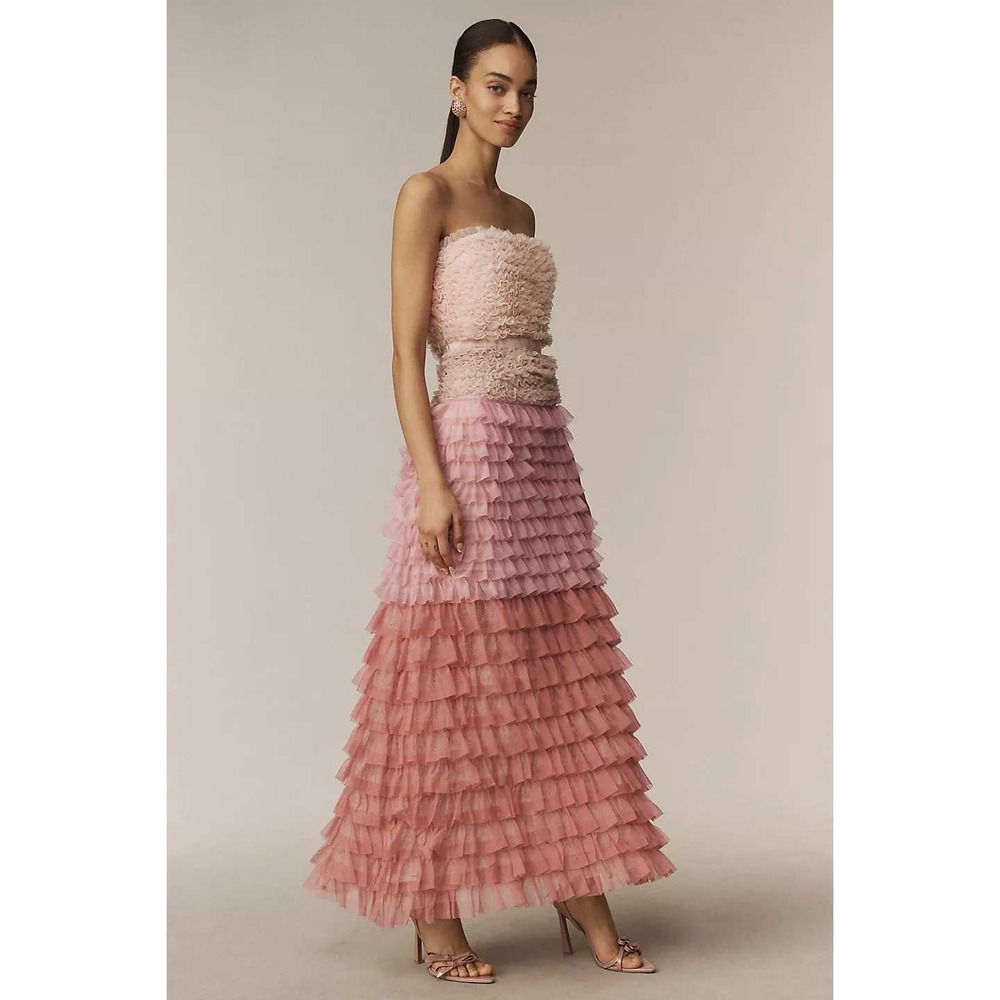 Anthropologie BHLDN Juliet Strapless Tulle Ruffle Midi Dress Pink Ombre Size 12